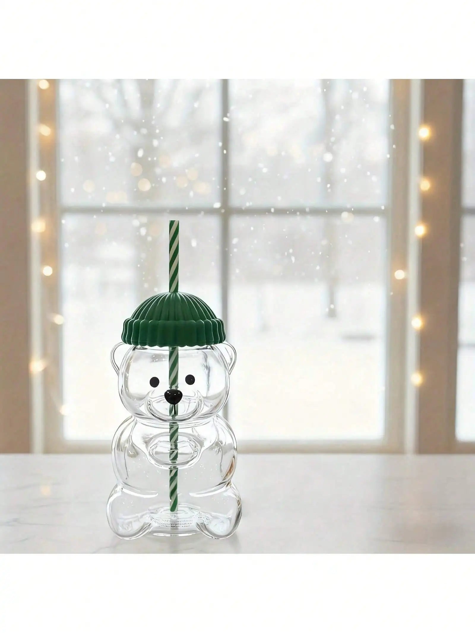 Cute Bear Shaped Glass Cup — 20oz Drinking Bottle with Straw and Lid