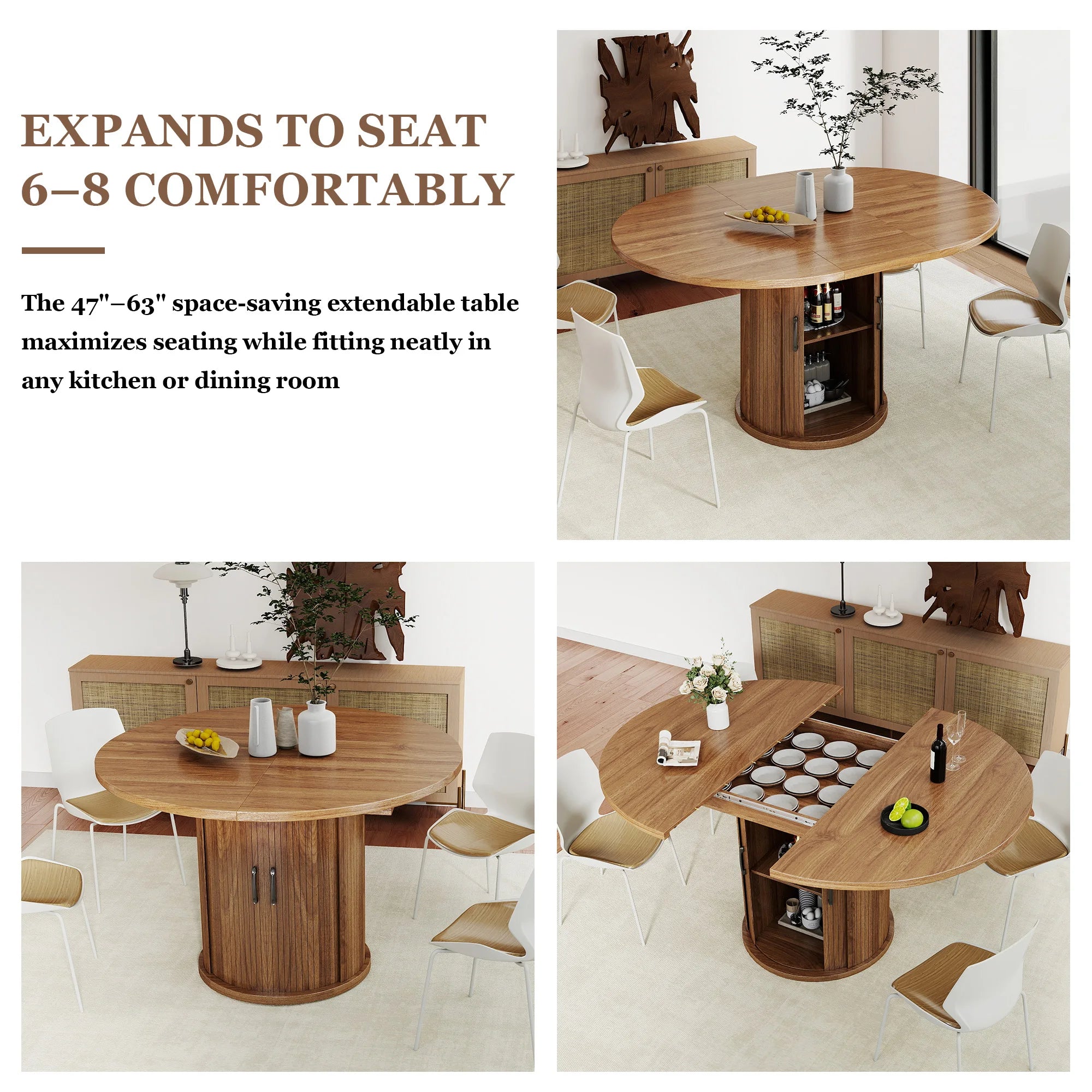 Modern Extendable Dining Table — Round to Oval Design with Storage
