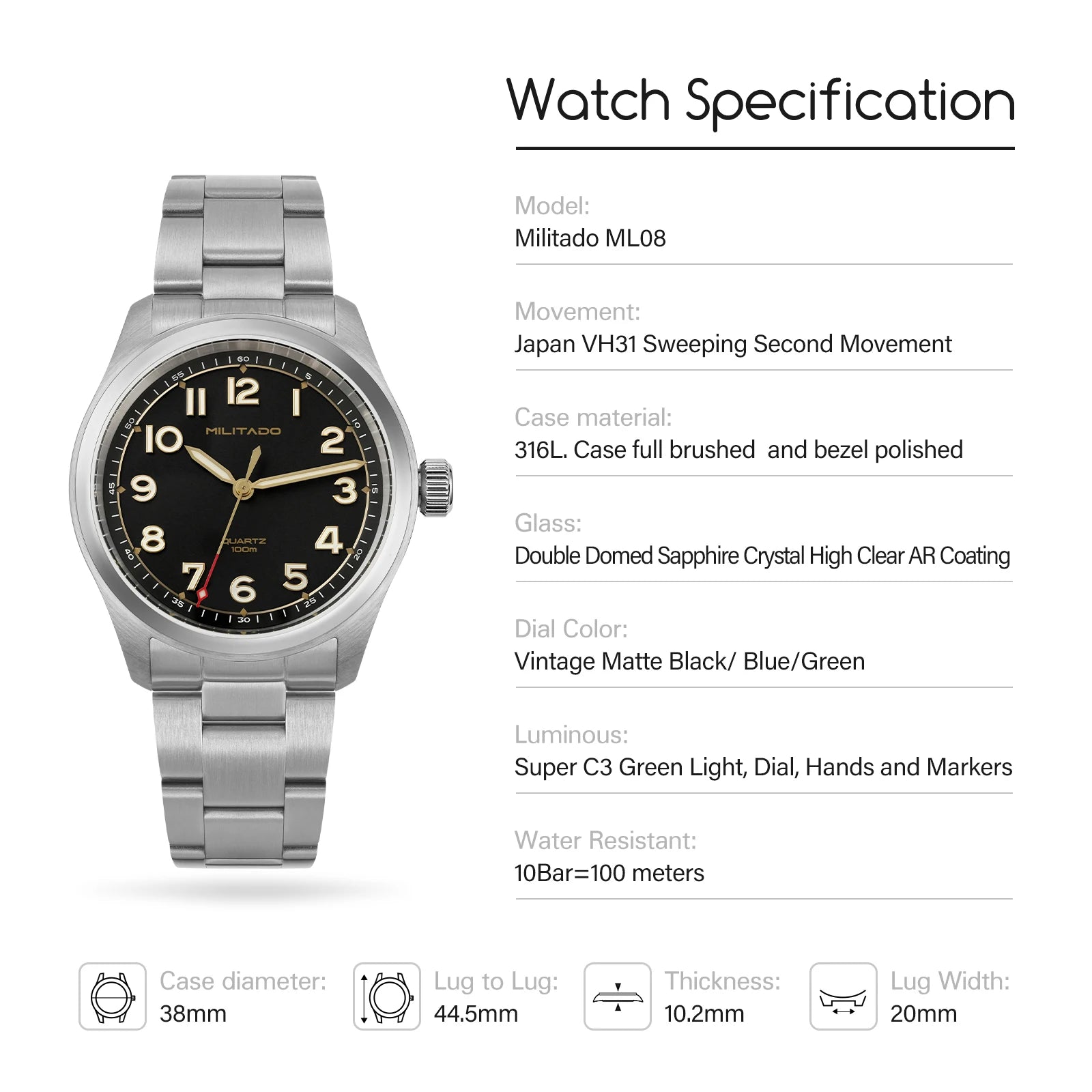 Militado ML08 Military Watch — Vintage Quartz Movement with Sapphire Crystal