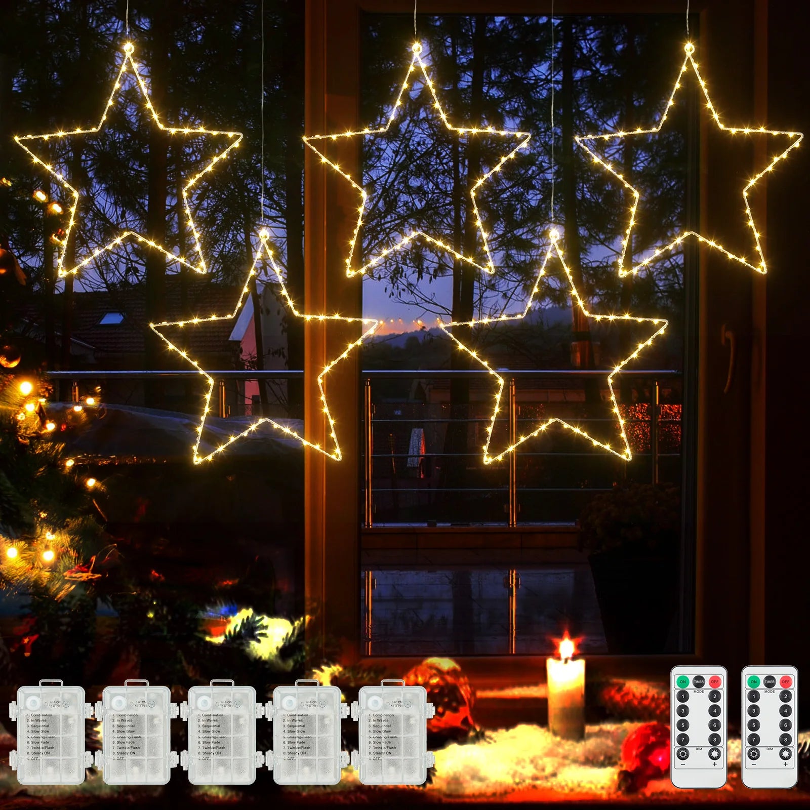 Star Shaped LED Holiday Lights — Warm White Fairy Lights with Remote