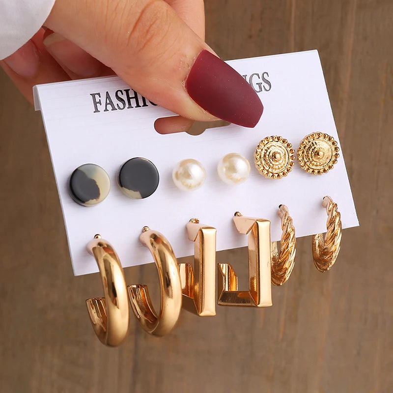 Vintage Geometric Pearl Earrings Set — Gold Tone Dangle & Stud Jewelry