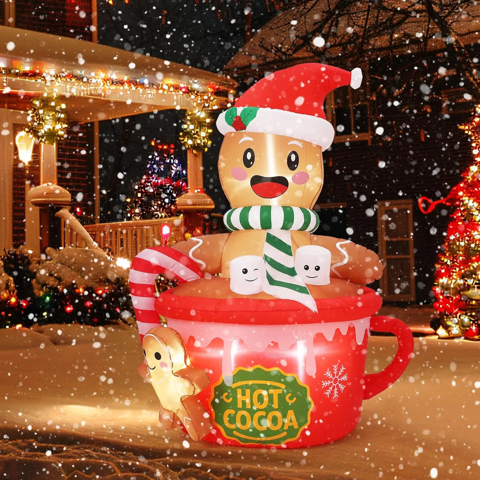 HiMISS 6ft Gingerbread Man Inflatable — Glowing Hot Cocoa Mug Yard Decor