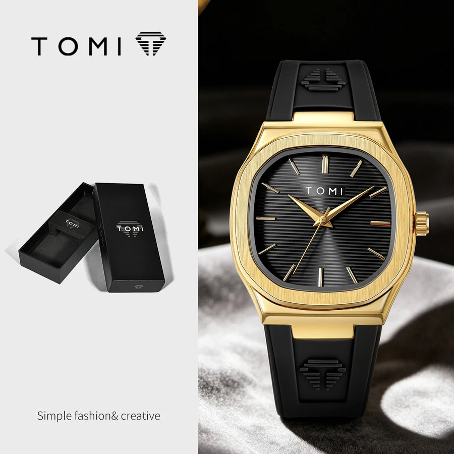 TOMI Men's Quartz Watch — Luxury Square Dial with Rubber Strap