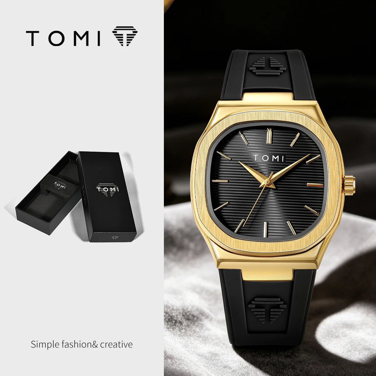 TOMI Men's Quartz Watch — Luxury Square Dial with Rubber Strap