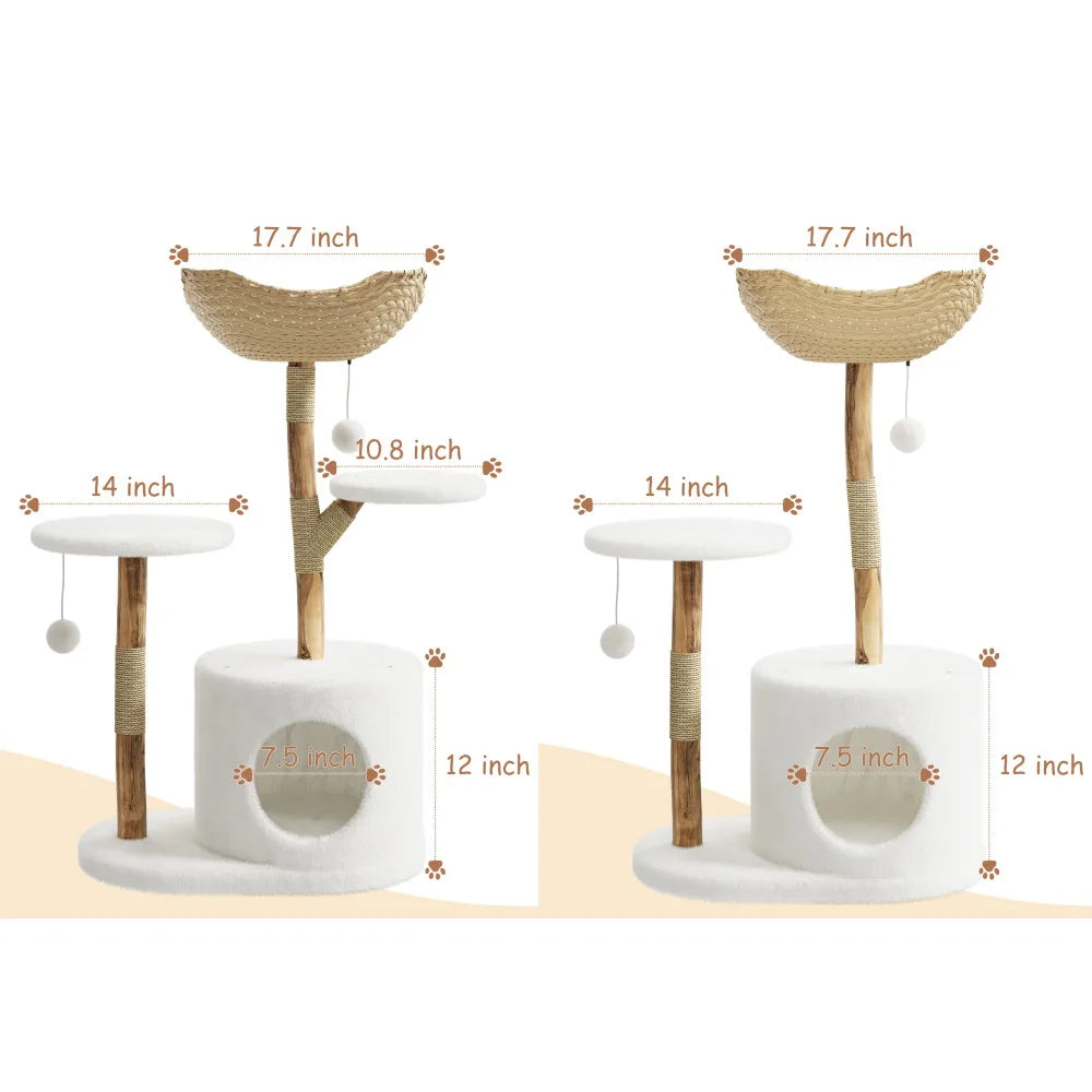 Wooden Cat Tree Tower with Rattan — Multi-Level Climbing Activity Center