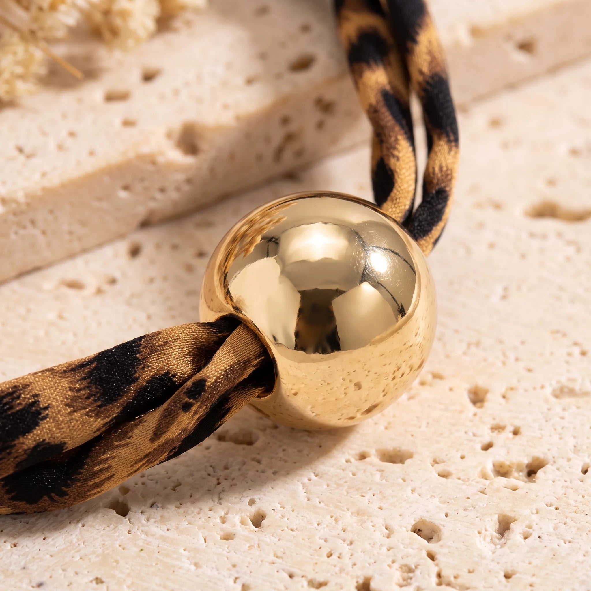 Obega Leopard Print Fabric Choker — Twisted Design with Gold Ball Bead
