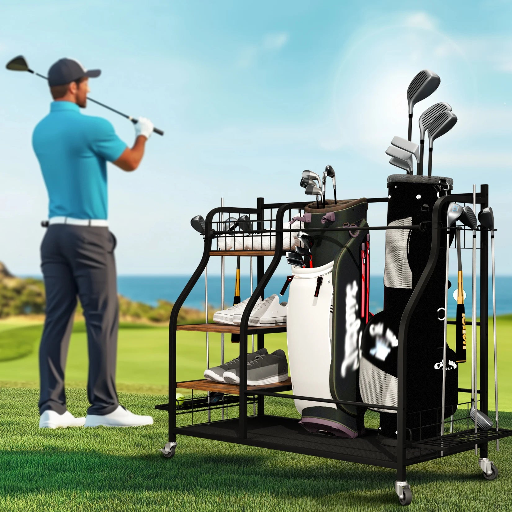 Multifunctional Rolling Golf Bag Organizer — Metal Sports Equipment Storage Rack