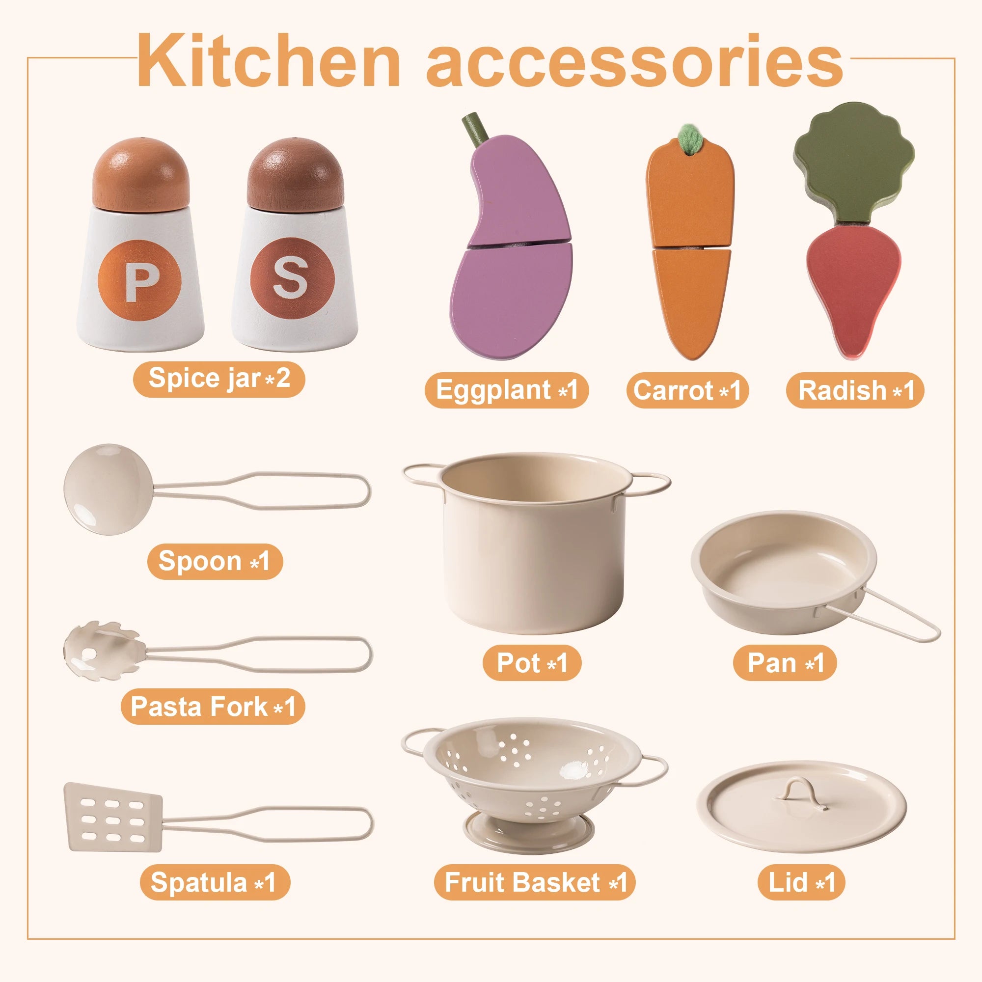 Robud Wooden Play Kitchen Set — Pretend Play Toy with Accessories, Beige