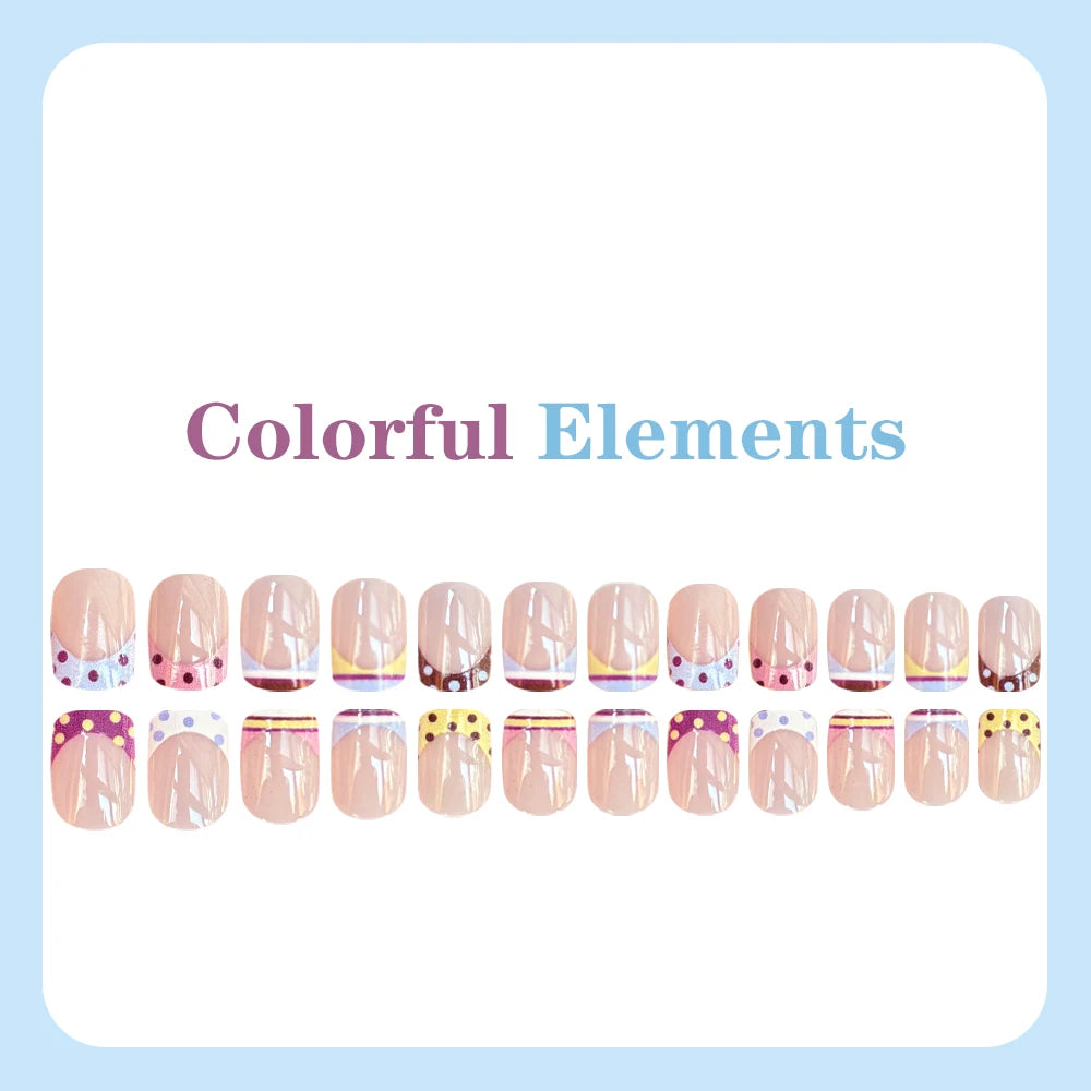Nude French Press On Nails — Short Square Polka Dot & Stripe Set