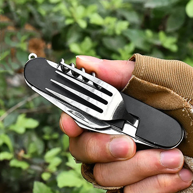 6-in-1 Stainless Steel Camping Cutlery Set — Portable Folding Outdoor Kit