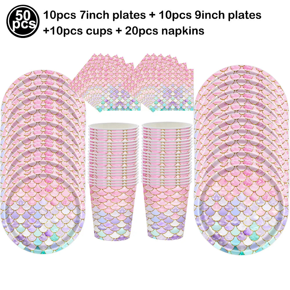 Mermaid Scales Pattern Party Supplies — Disposable Tableware Decor Set
