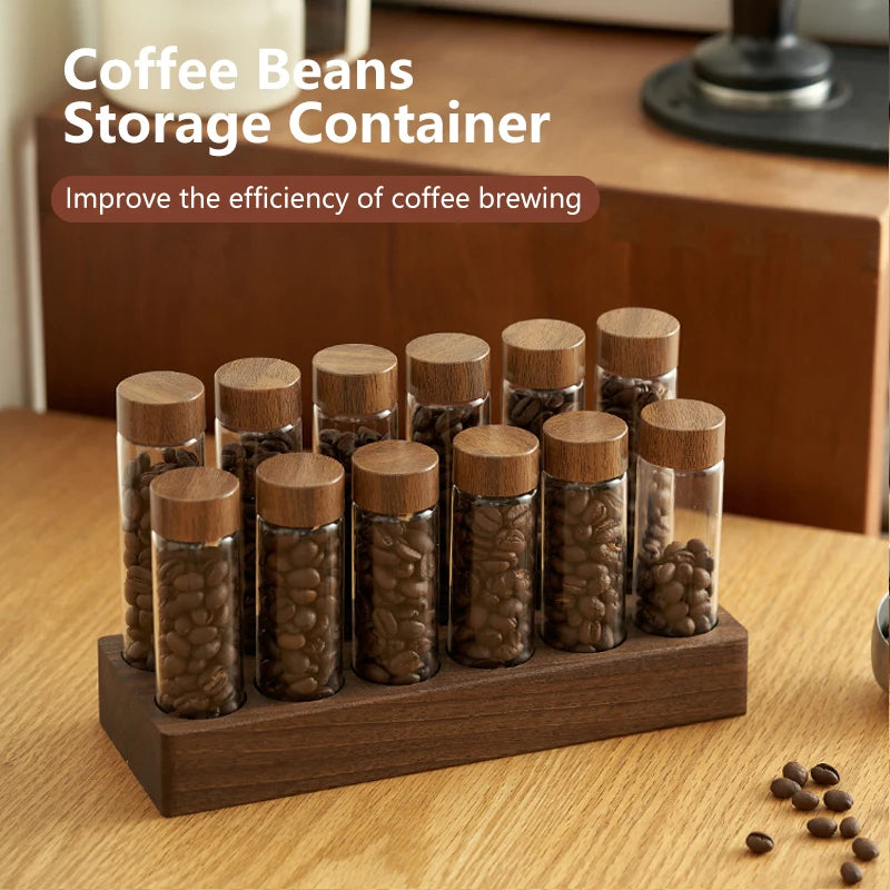 ALIKISSCAFE Coffee Bean Storage Container — Walnut Display Rack & Glass Tubes