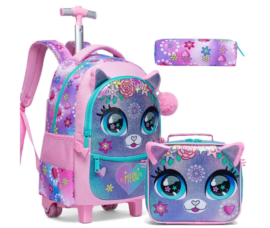 Children's 3-in-1 Travel Trolley Backpack — Wheeled School Luggage with Lunch Bag