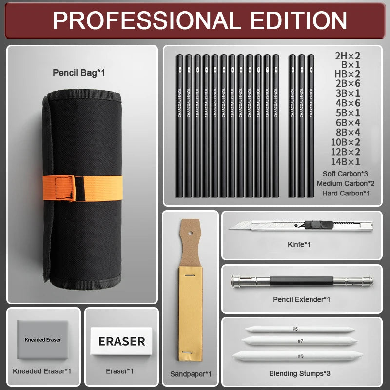PHANTACI Sketching Pencil Set — Professional Art Kit with Canvas Roll Bag