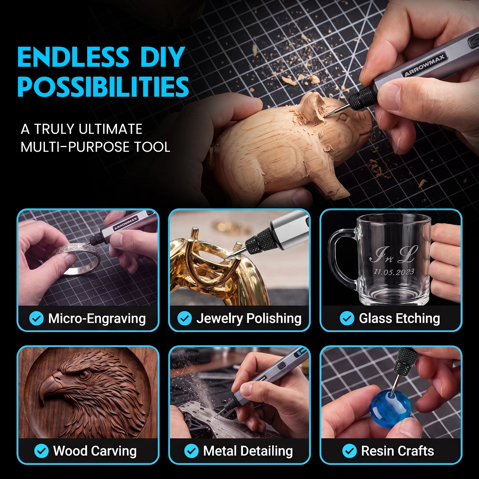 ARROWMAX Cordless Engraving Pen Kit — 30000 RPM Rotary Tool with 30 Bits
