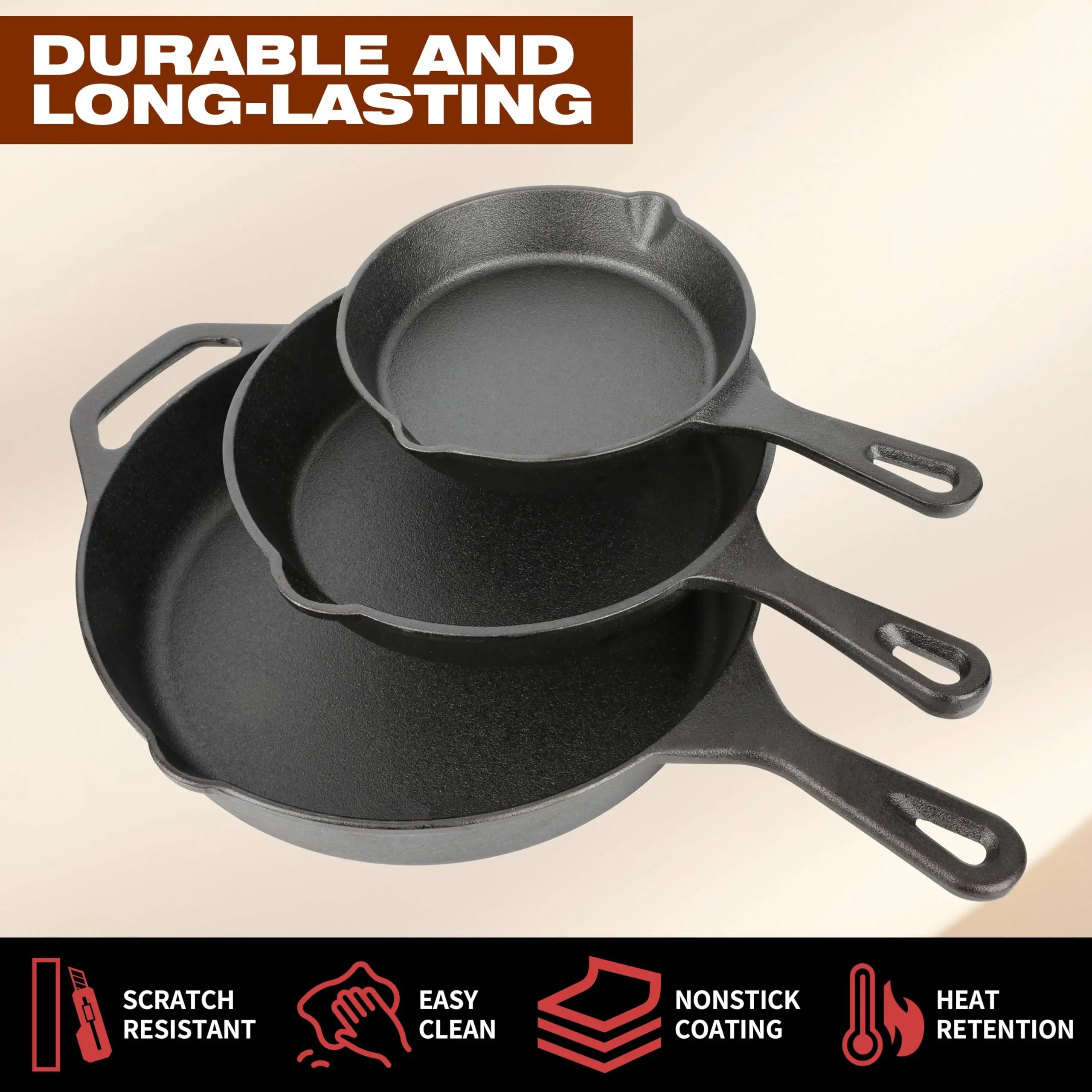 NOVELTY MOON Cast Iron Skillet Set — 3-Piece Pre-Seasoned Cookware