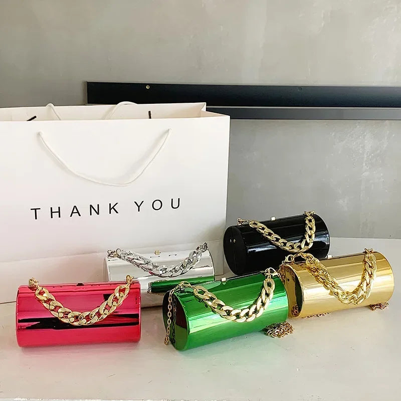 dawndesslo Metallic Cylinder Clutch — Elegant Evening Mini Bag