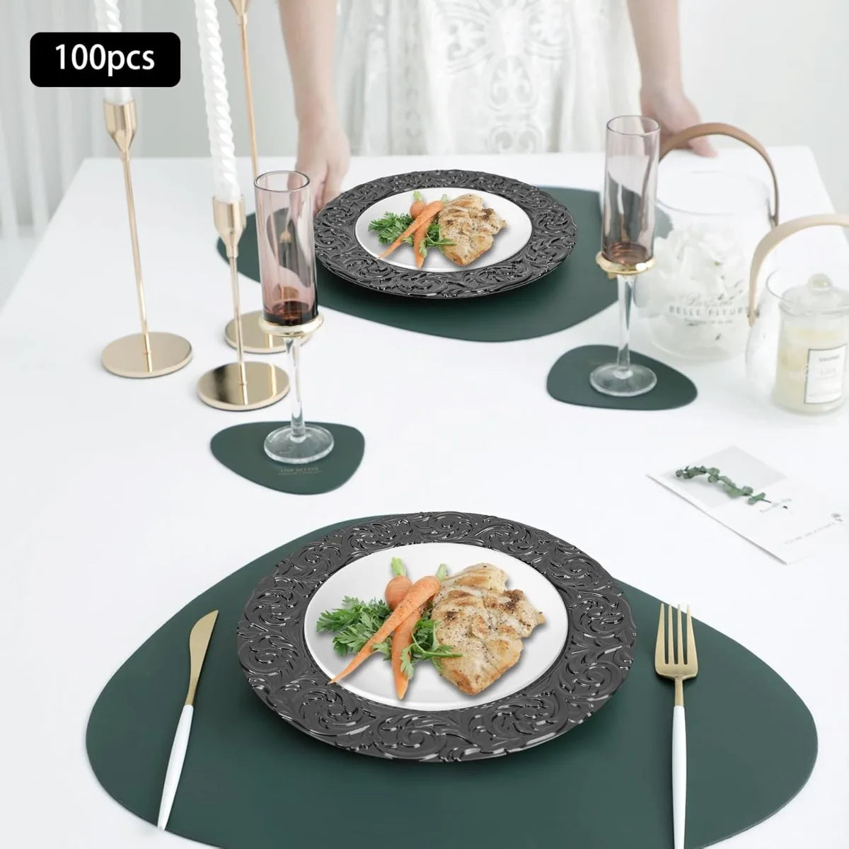 Bymaocar 100Pcs Charger Plate Set — Elegant Floral Embossed Serving Plates