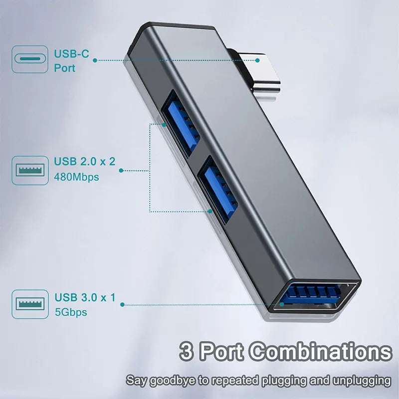 3-Port Aluminum USB Hub — High-Speed Data Splitter for Laptop and PC