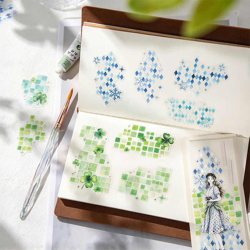 Watercolor Mosaic Grid PET Stickers — Decorative Scrapbooking & Collage Set