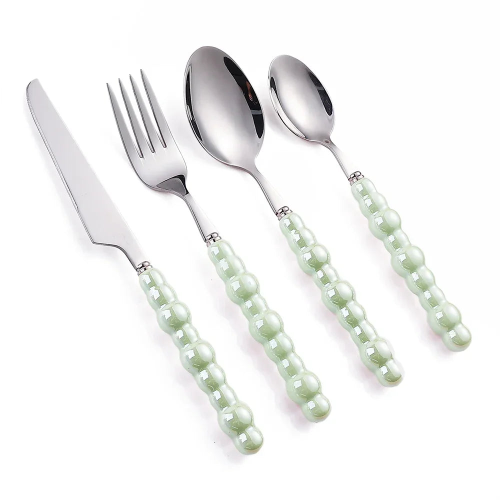 Luxury Ceramic Pearl Handle Cutlery Set — Stainless Steel Spoon and Fork Set