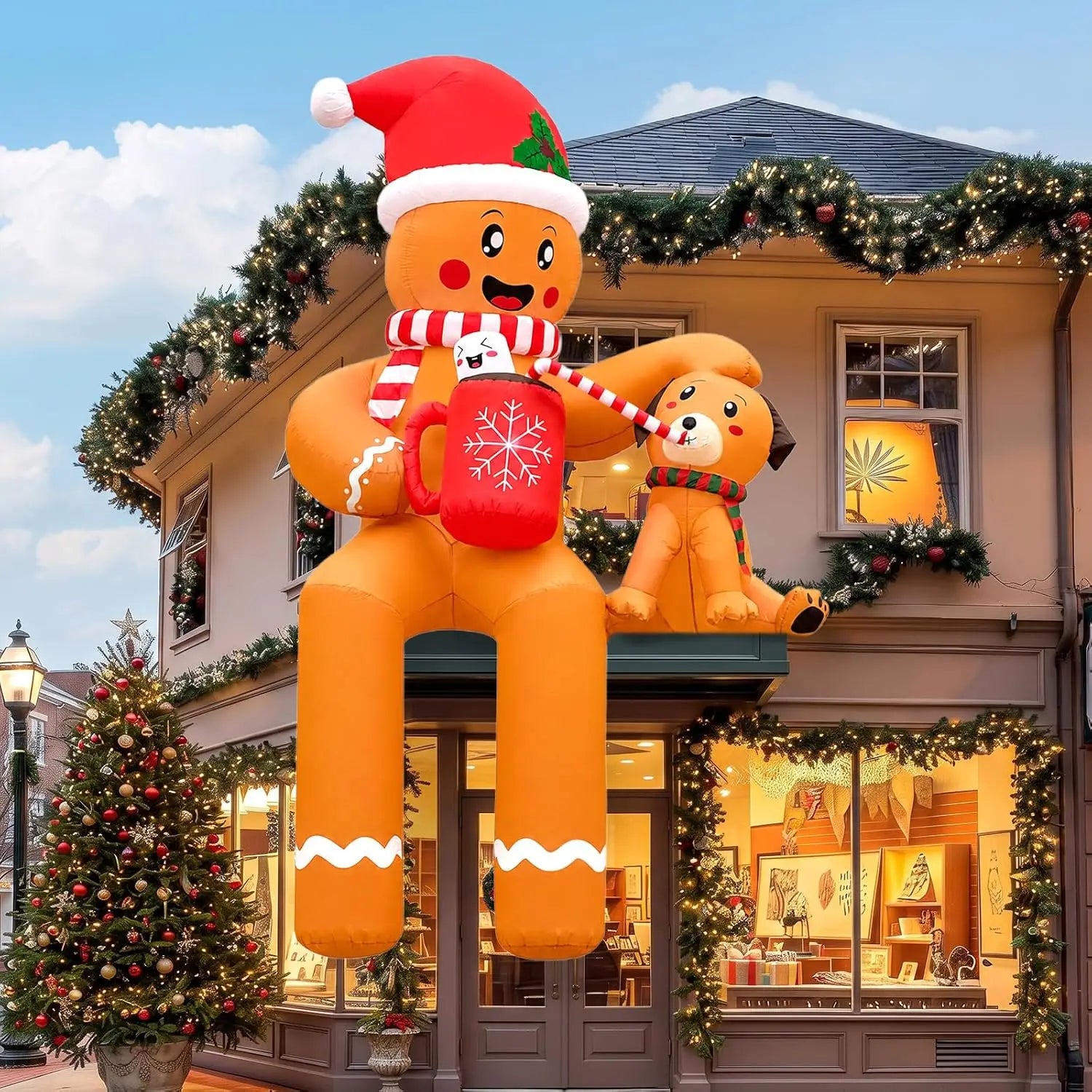 SHXI 16FT Gingerbread Man and Puppy Inflatable — Festive Holiday Yard Decor