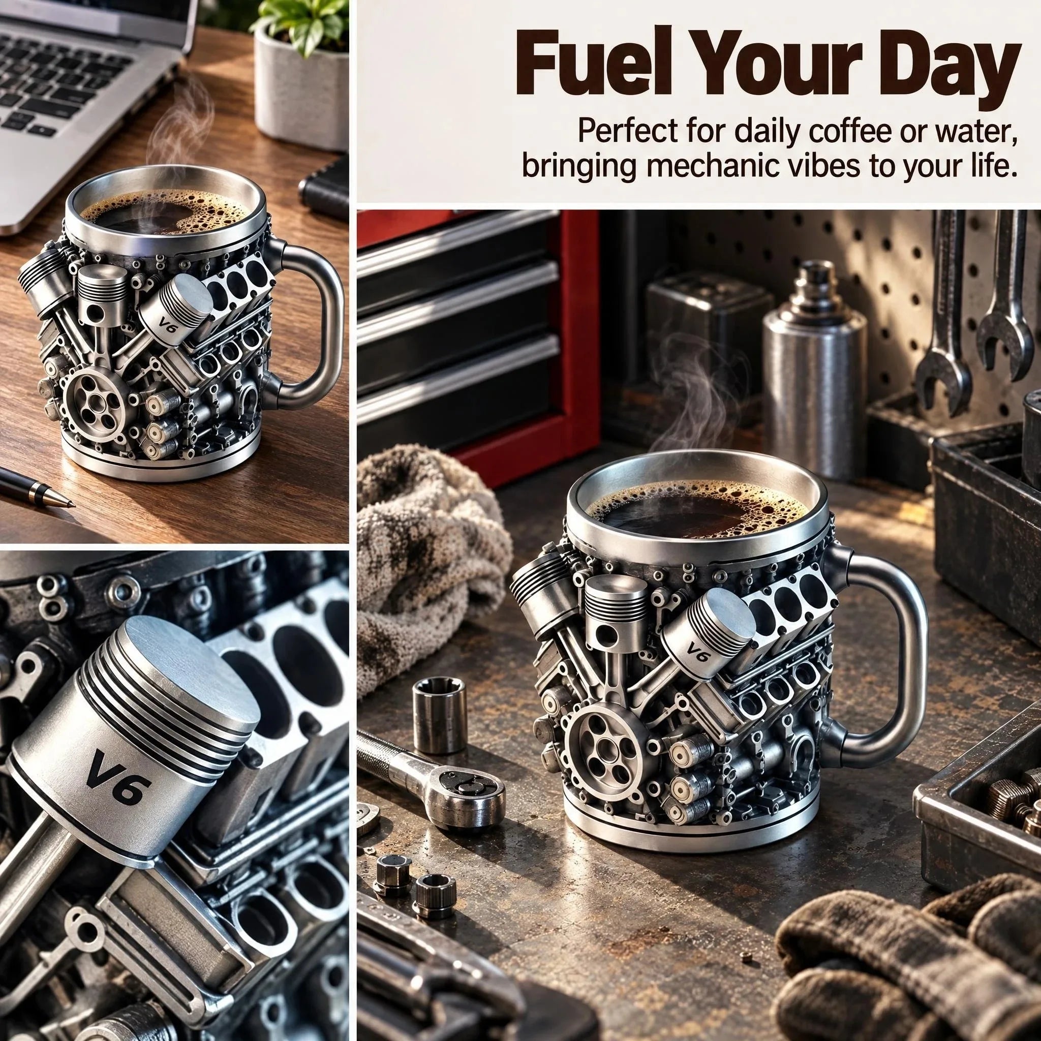 V6 Engine Stainless Steel Coffee Mug — 3D Mechanical Car Design