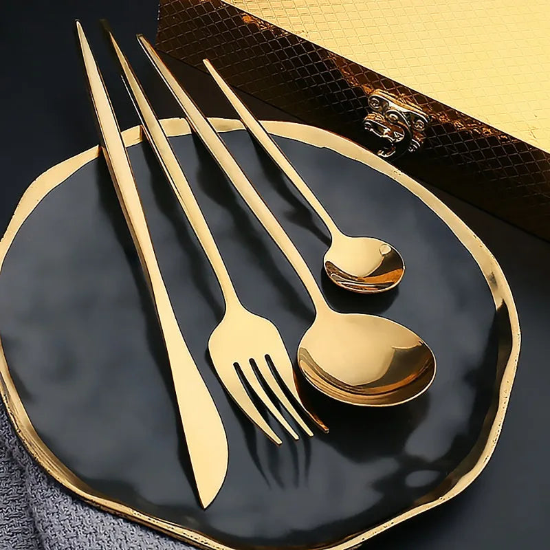 30-Piece Stainless Steel Cutlery Set — Elegant Black and Gold Flatware