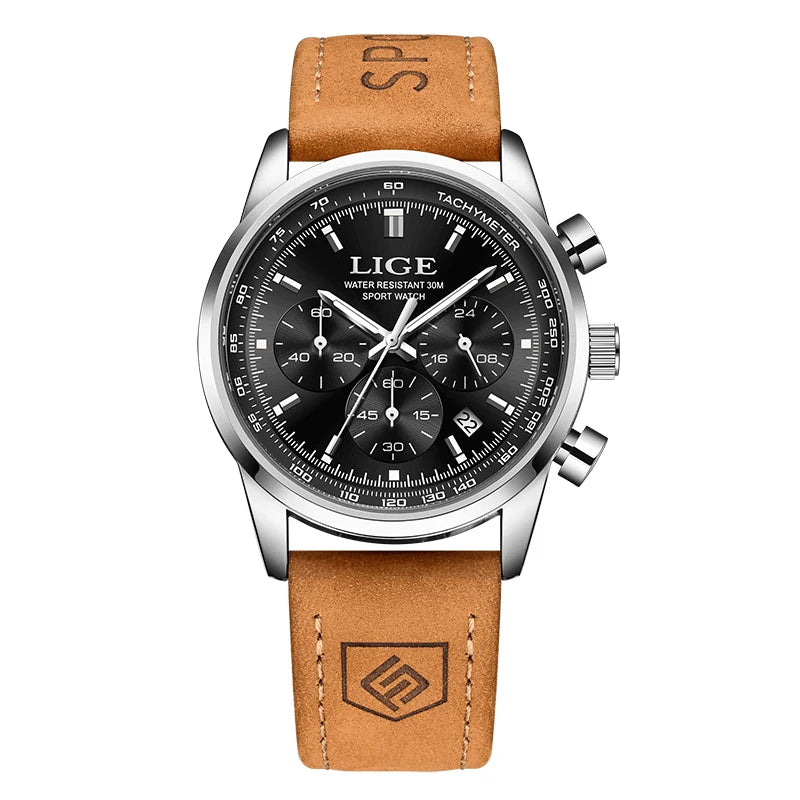 LIGE Men's Business Quartz Watch — Genuine Leather Chronograph Wristwatch