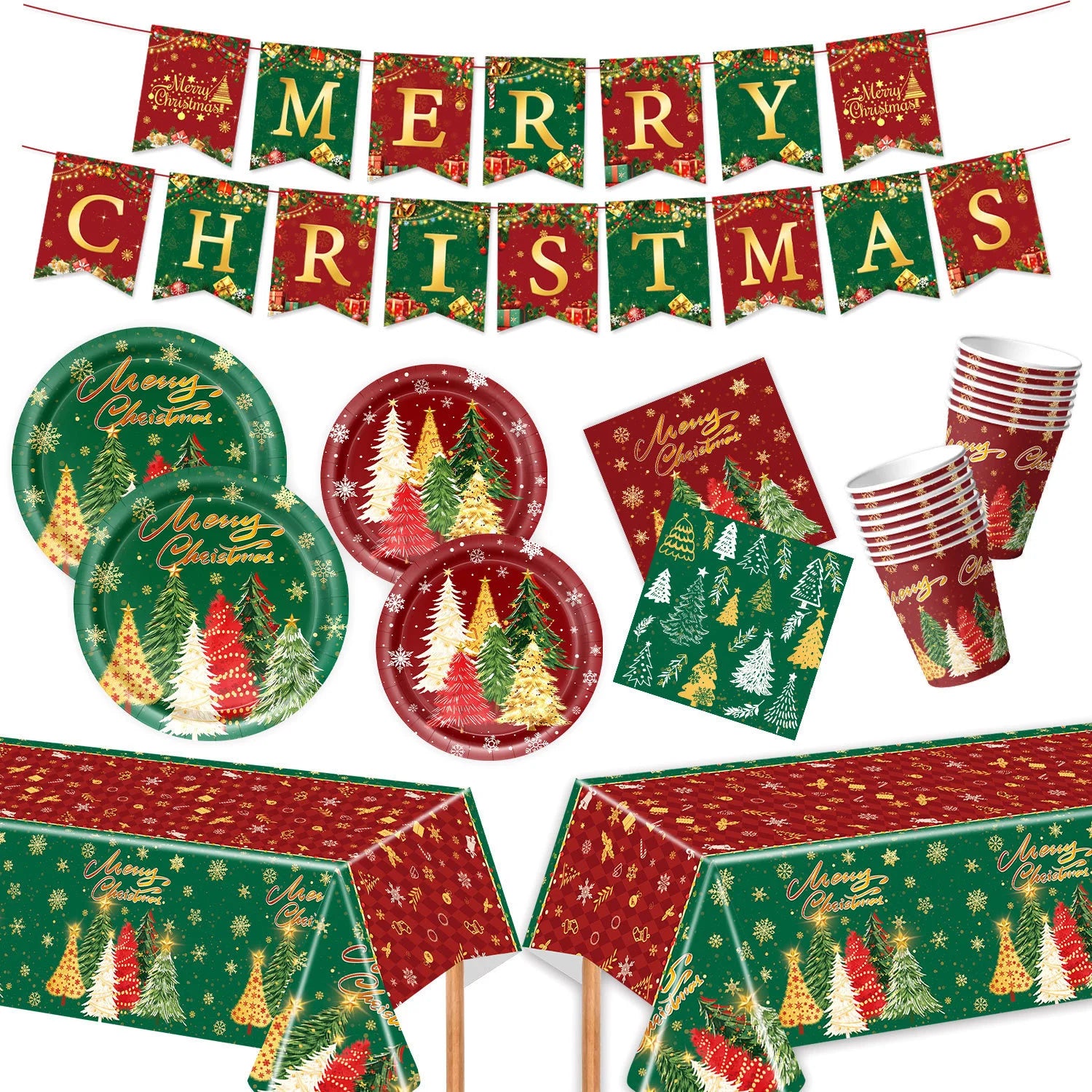 Christmas Tree Themed Tableware Kit — Festive Holiday Party Supplies