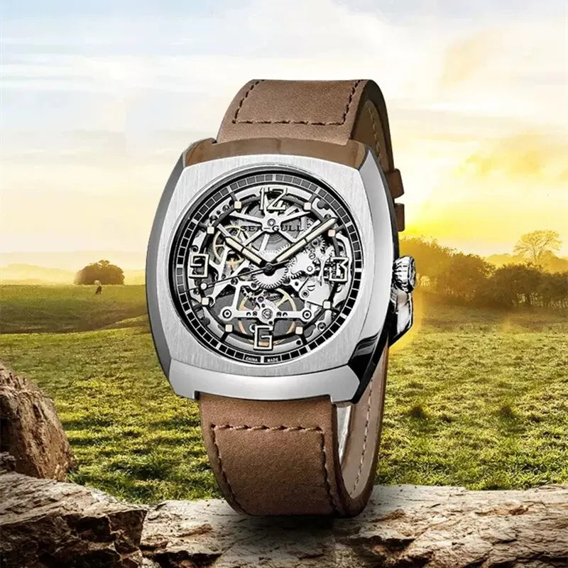 Sea-Gull Tonneau Skeleton Watch — Automatic Mechanical Men's Wristwatch