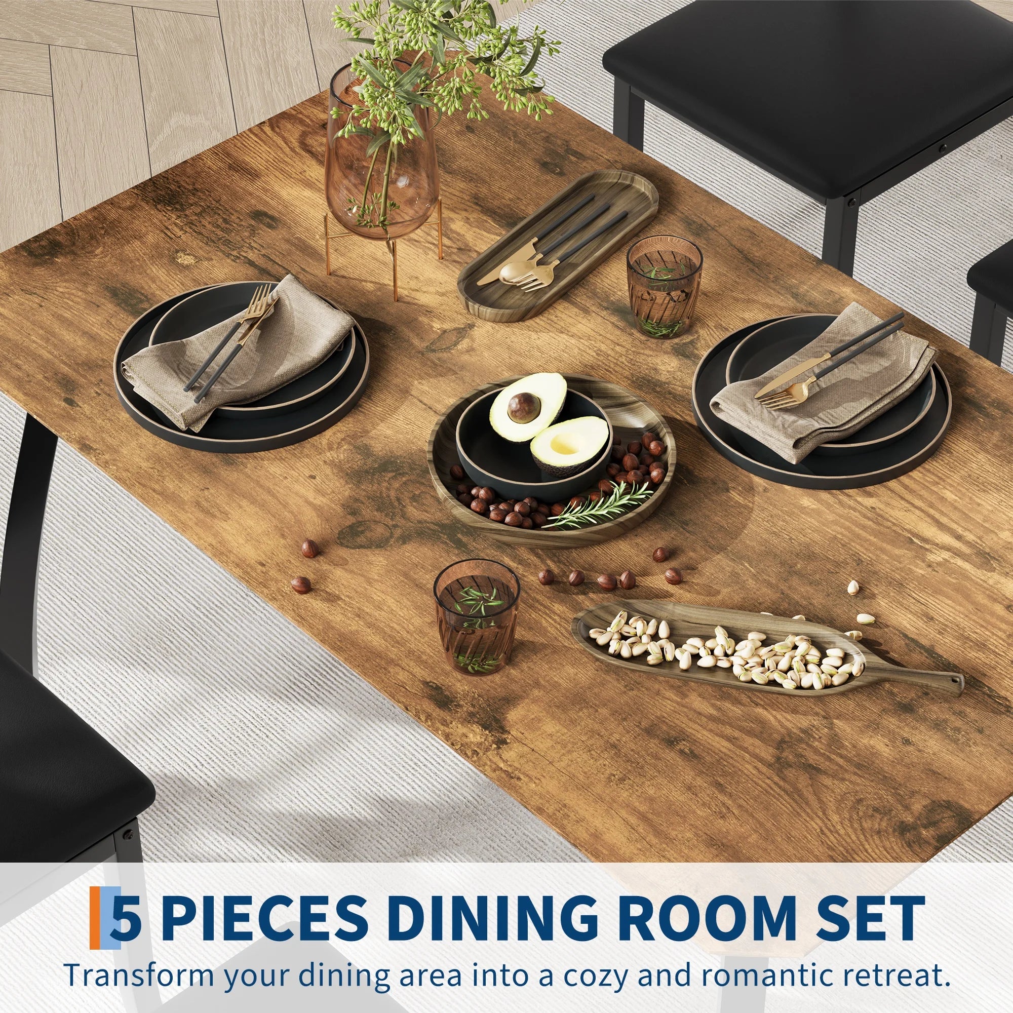 EliteZ 5-Piece Square Dining Table Set — Compact Farmhouse Design for Small Spaces