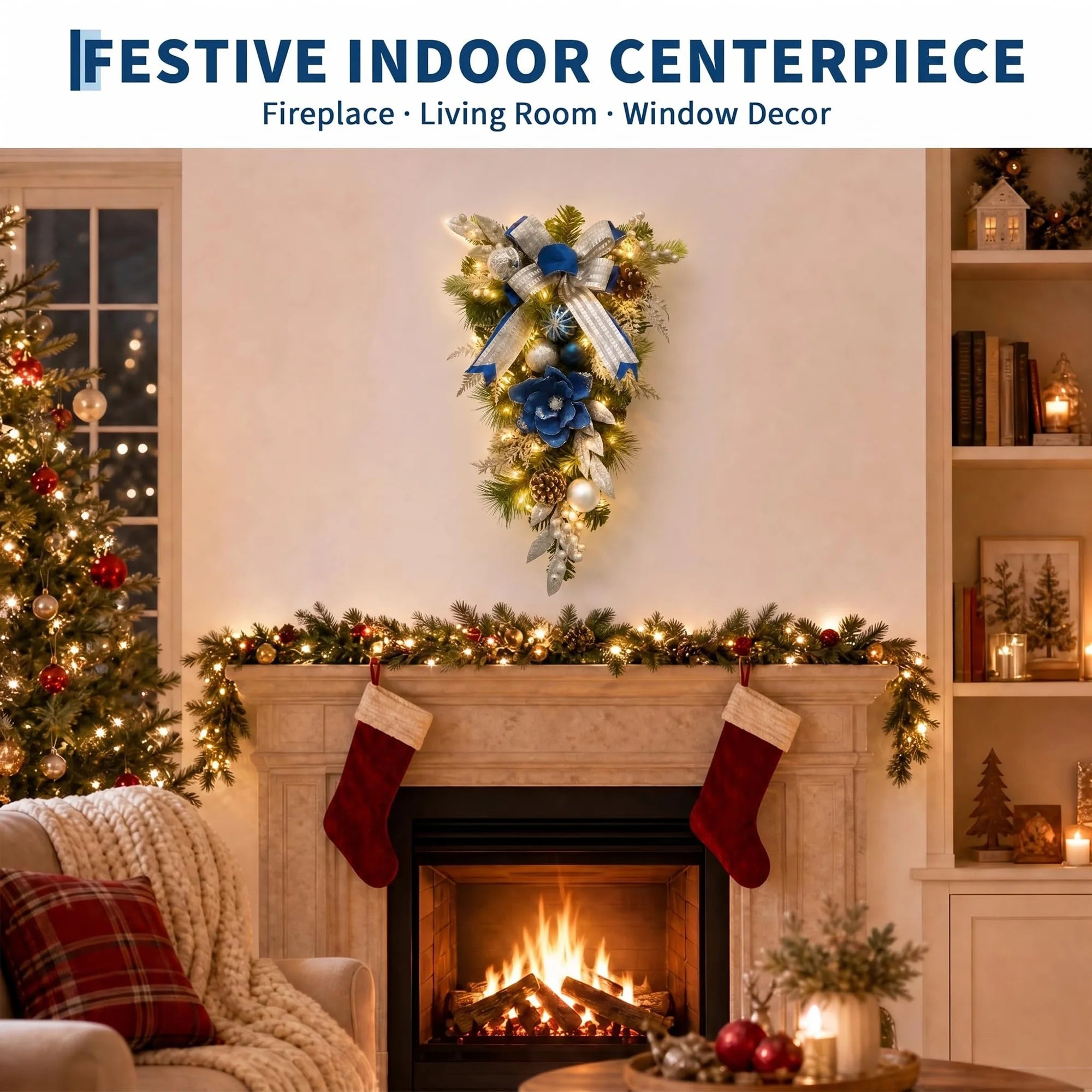 HiMISS Blue and Silver Christmas Teardrop Swag — Pre-Lit LED Door Decor