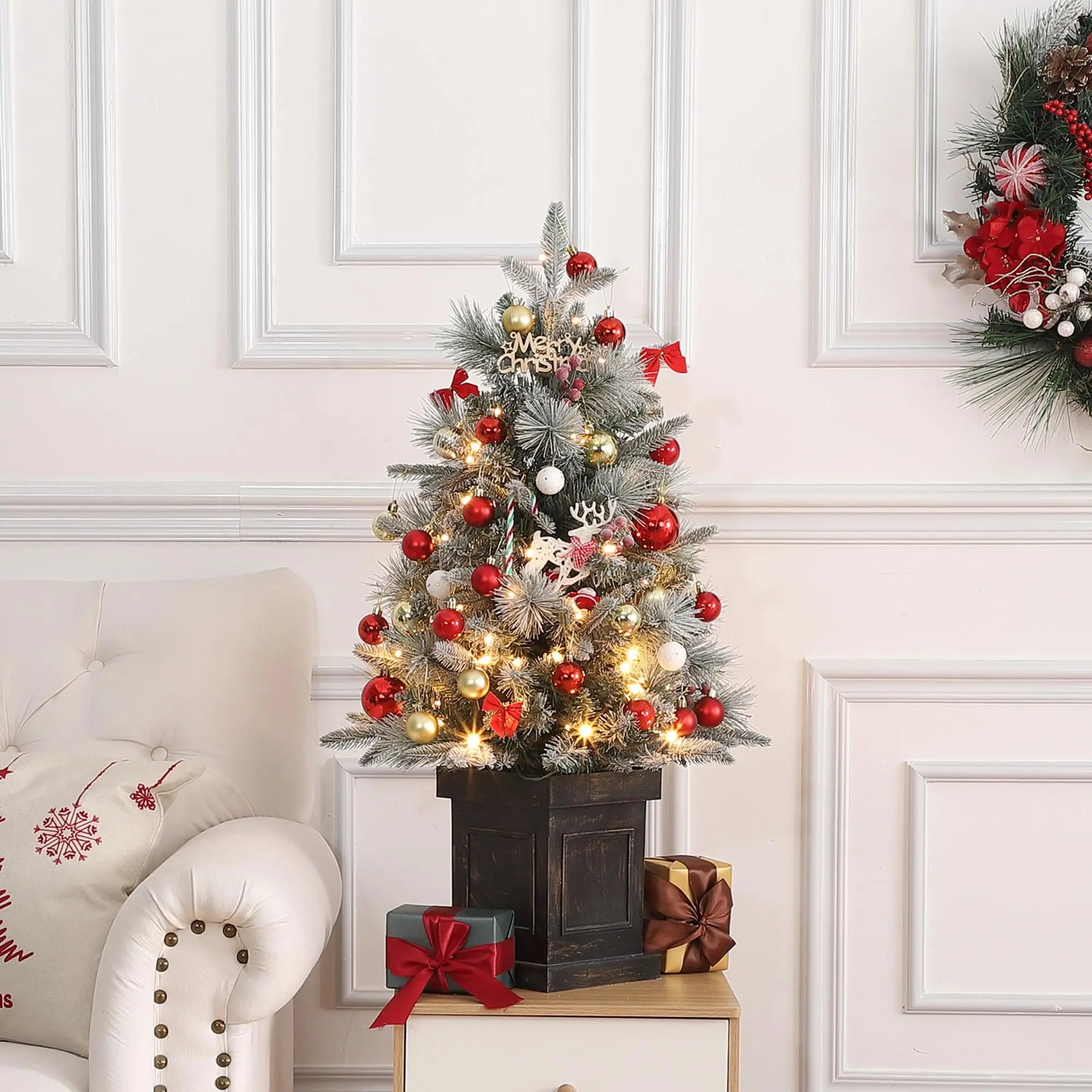 GAOMON 3ft Pre-Lit Snow Flocked Christmas Tree — Mini Tabletop Holiday Decor