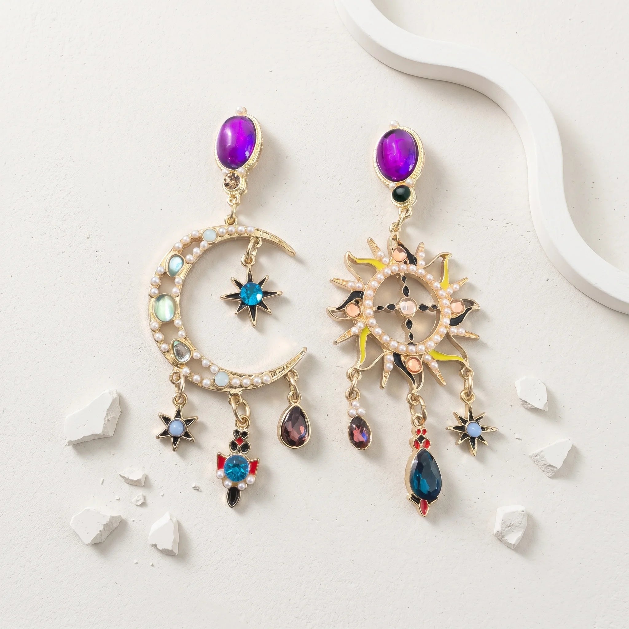 Obega Celestial Sun Moon Star Earrings — Asymmetric Crystal Pearl Dangle Jewelry
