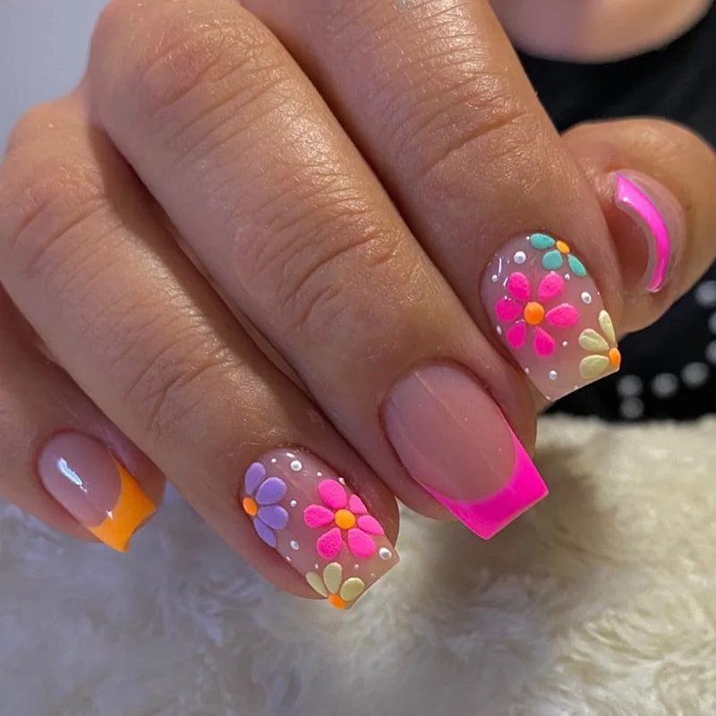 Pink Floral Press-On Nails — Short Almond French Tip Fake Nail Set
