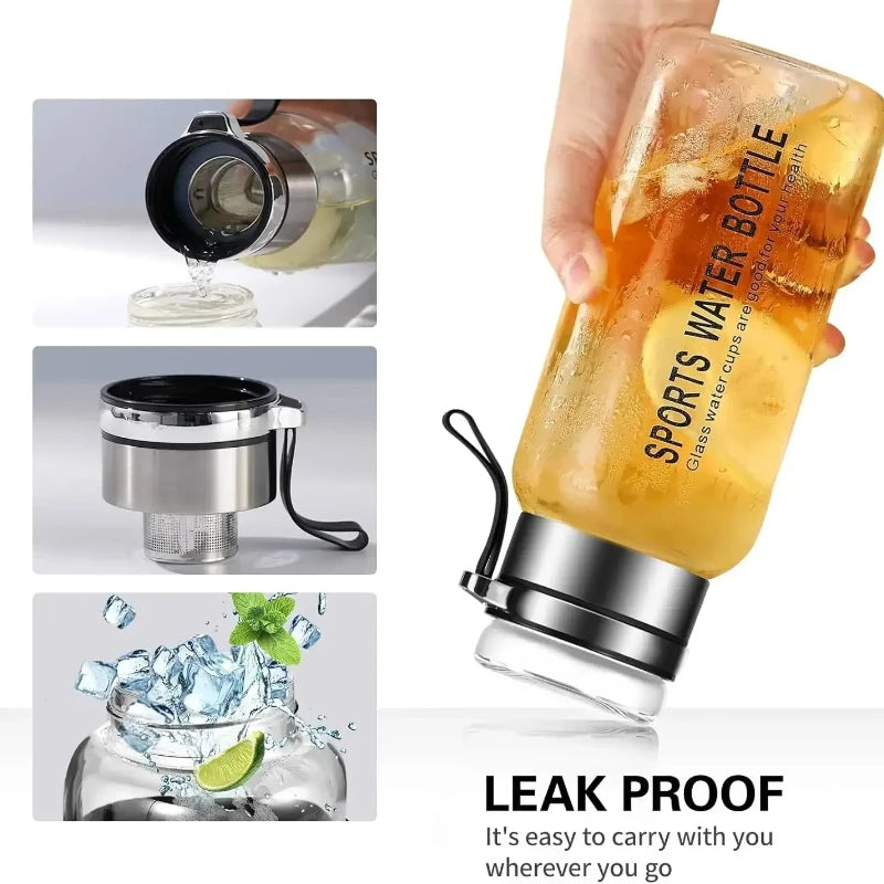 Large Capacity Glass Water Bottle — Heat-Resistant Tea Brewing Cup with Lid