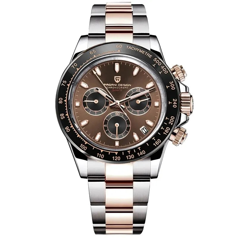 PAGANI DESIGN Luxury Chronograph Watch — Rose Gold Stainless Steel Sport Wristwatch