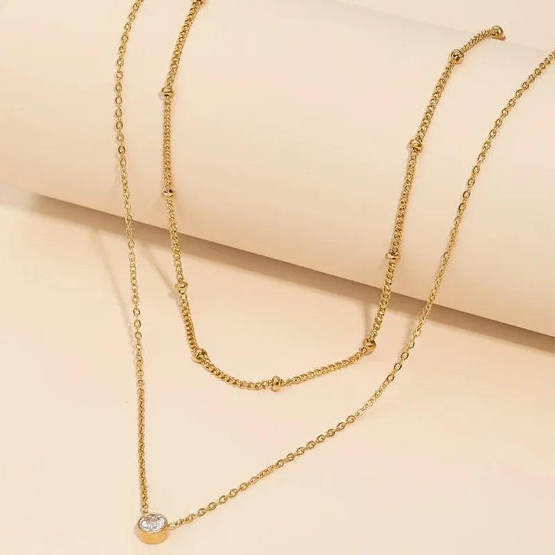 Double-Layer Stainless Steel Necklace — Elegant CZ Pendant with Beaded Detail