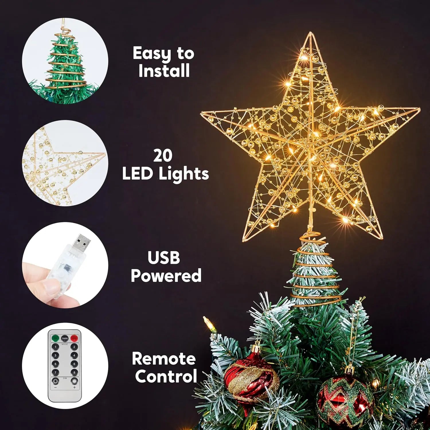 Golden Metal Beaded Star Tree Topper — LED Warm White Lights & Remote Control