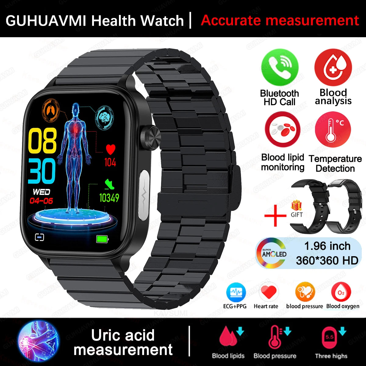 GUHUAVMI Health Smartwatch — Advanced ECG, Blood Pressure & Oxygen Monitor