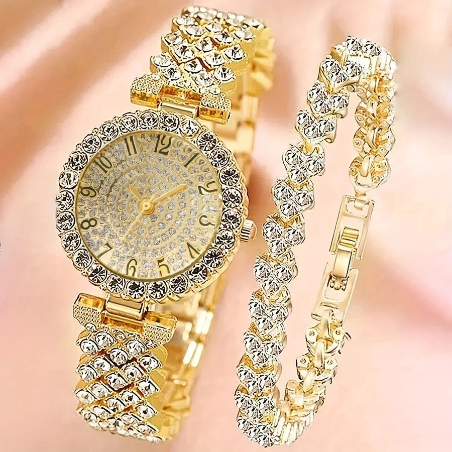 RUNERR Elegant Crystal Quartz Watch — Luxury Stainless Steel Bracelet Set