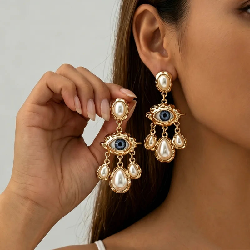 Obega Gothic Evil Eye Dangle Earrings — Ornate Pearl Tassel Jewelry