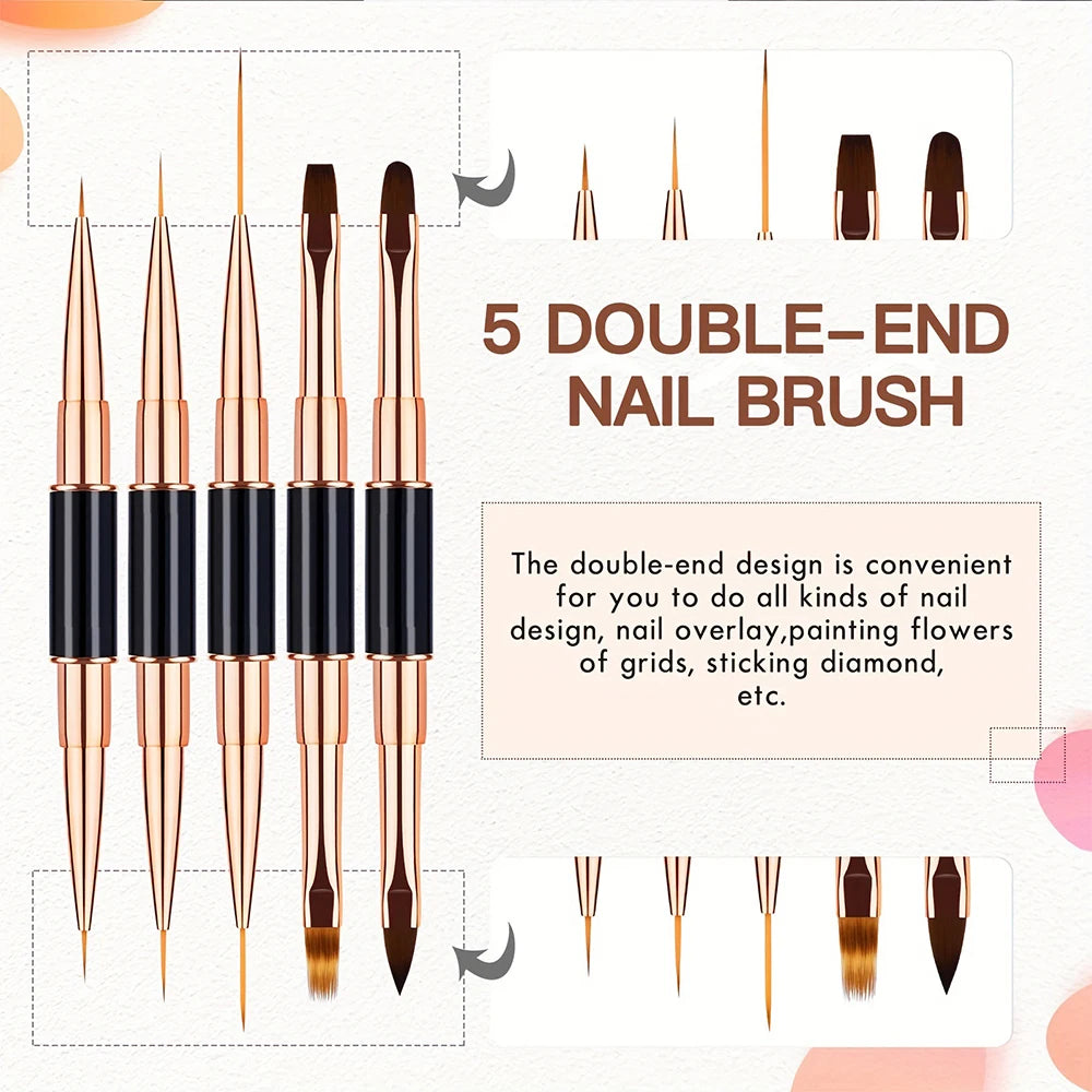 Professional 5-Piece Nail Art Brush Set — Dual-Ended Tools for Gel & 3D Designs