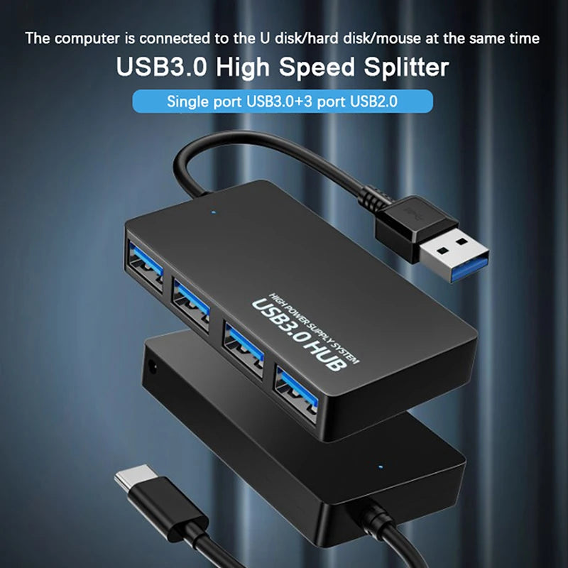 4-Port USB 3.0 Hub — High Speed Data Transfer Adapter, Type-C & USB Options