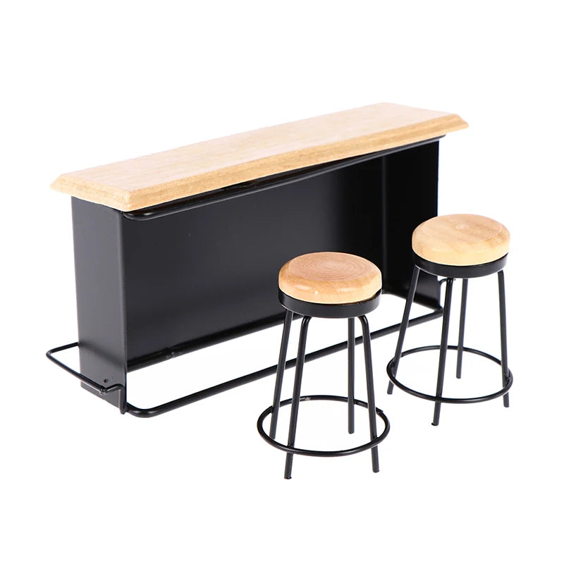 Miniature Bar Counter and Stool Set — 1:12 Scale Dollhouse Kitchen Furniture
