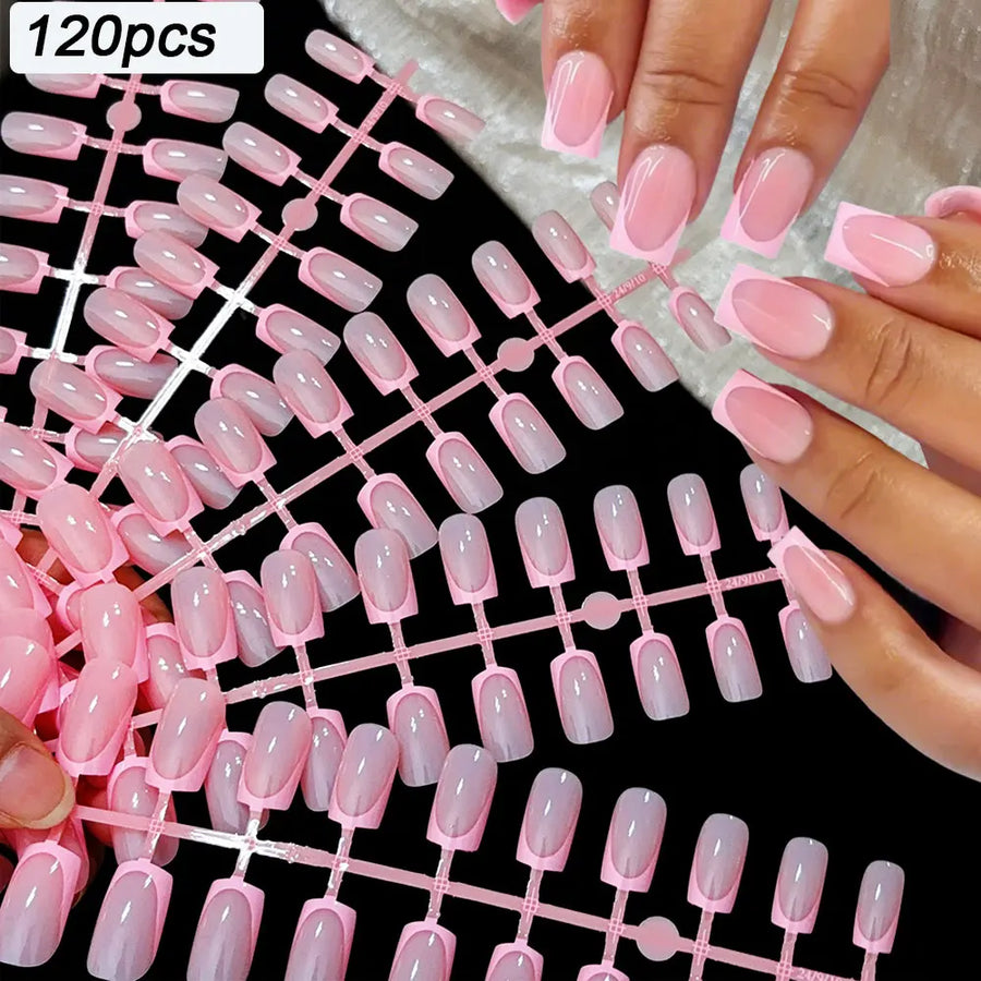 MingLee Glossy French Tip Press On Nails — Medium Square Acrylic False Nails