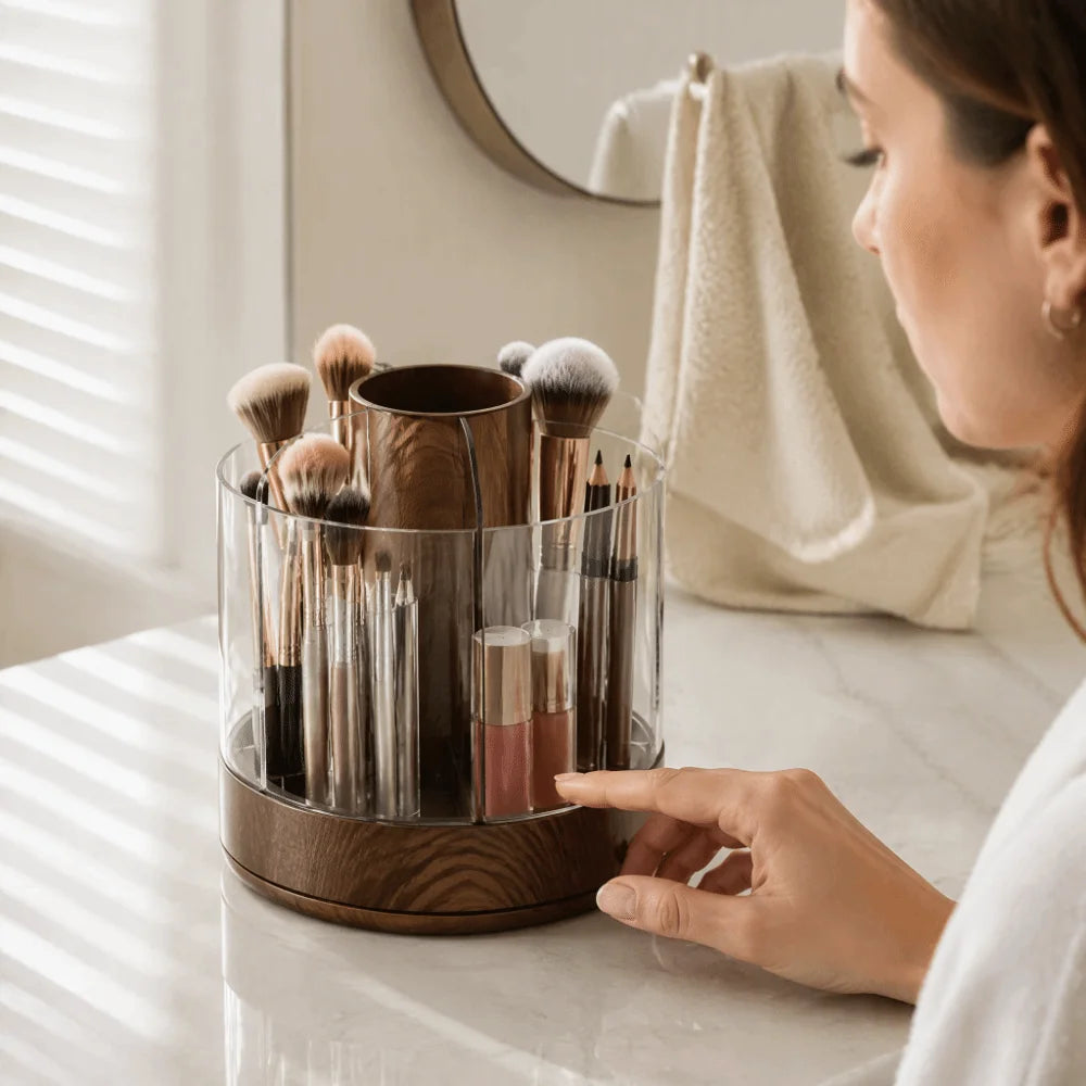 360 Rotating Makeup Organizer — Multi-Compartment Woodgrain Desktop Storage