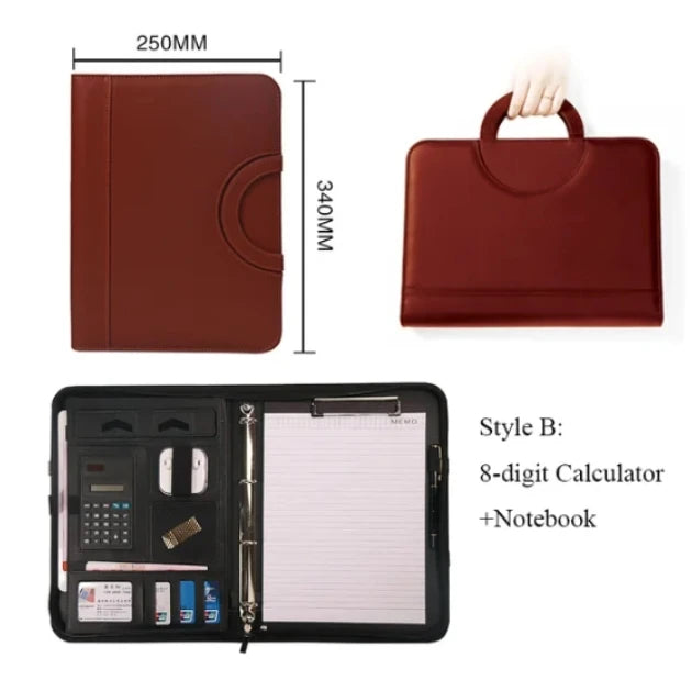 PU Leather A4 Conference File Pad — Professional Zippered Binder & Briefcase
