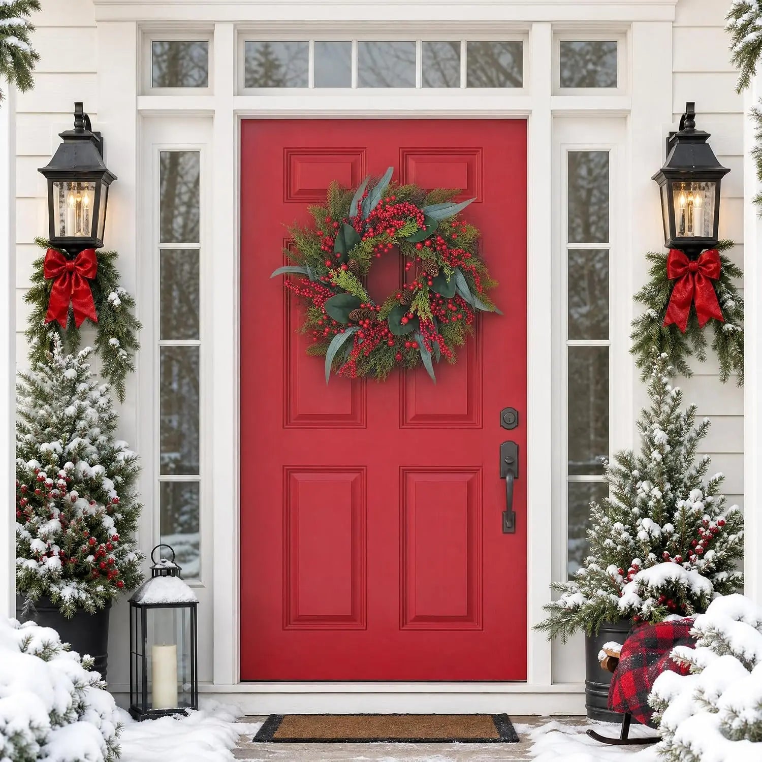 Artificial Christmas Wreath with Pine & Red Berries — Faux Greenery Holiday Decor